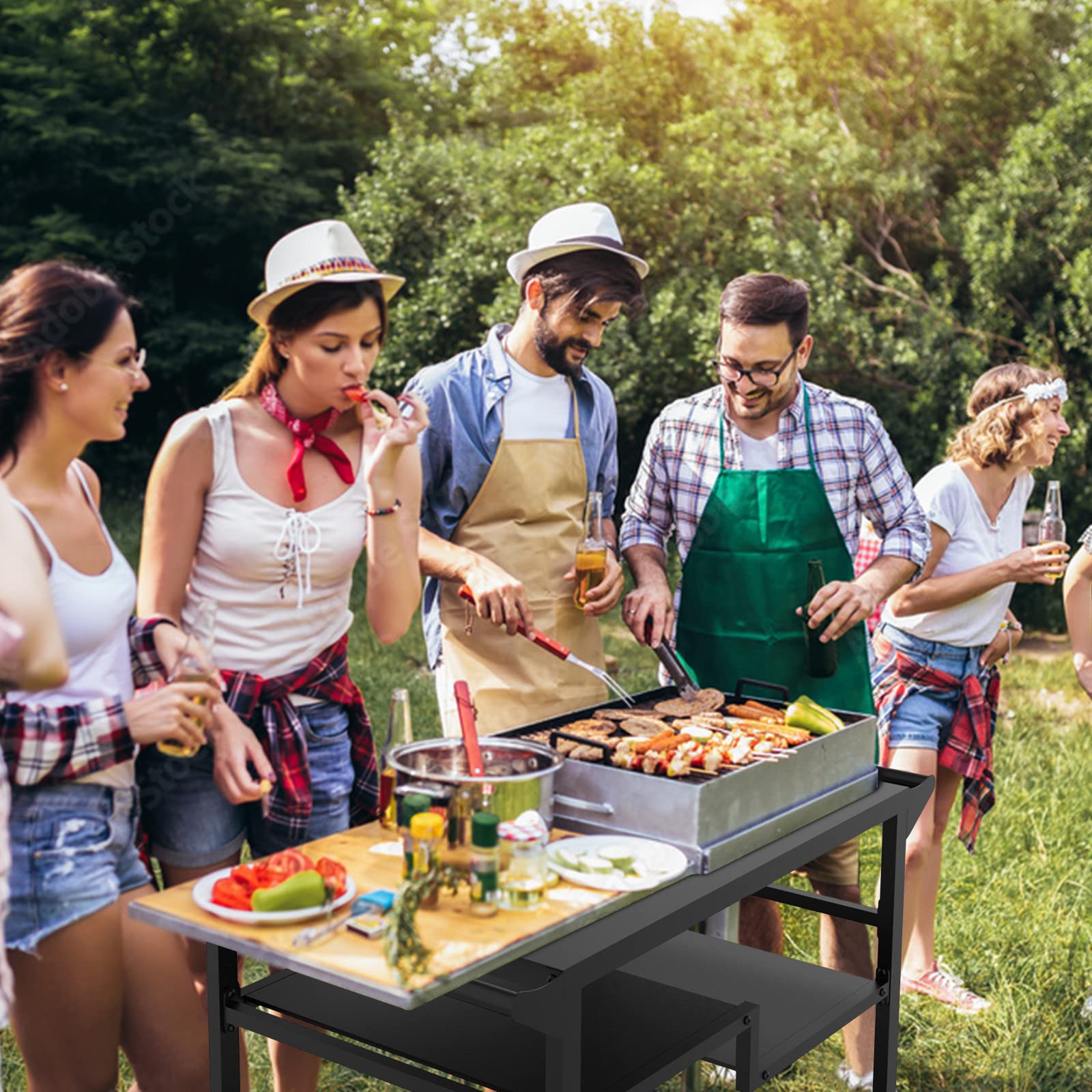 RAXSINYER 20"x 32" Three-Shelf Movable Outdoor Dining Cart Table, Multifunctional Food Prep Table, Outdoor Grill Table with Wheels