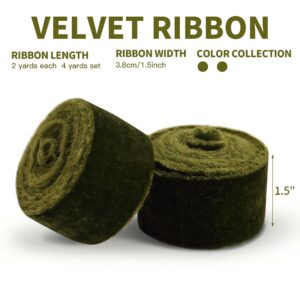 Keypan Velvet Ribbon for Gift Wrapping Olive Green Handmade Fringe Ribbons for Crafts Bouque Christmas Decorations 2 Rolls 1 1/2 Inch x 2 Yd (4 Yards Total)