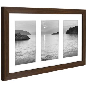 Americanflat 8x14 Collage Picture Frame in Walnut - Displays Three 4x6 Frame Openings - Engineered Wood Panoramic Picture Frame with Shatter Resistant Glass, Hanging Hardware, and Easel