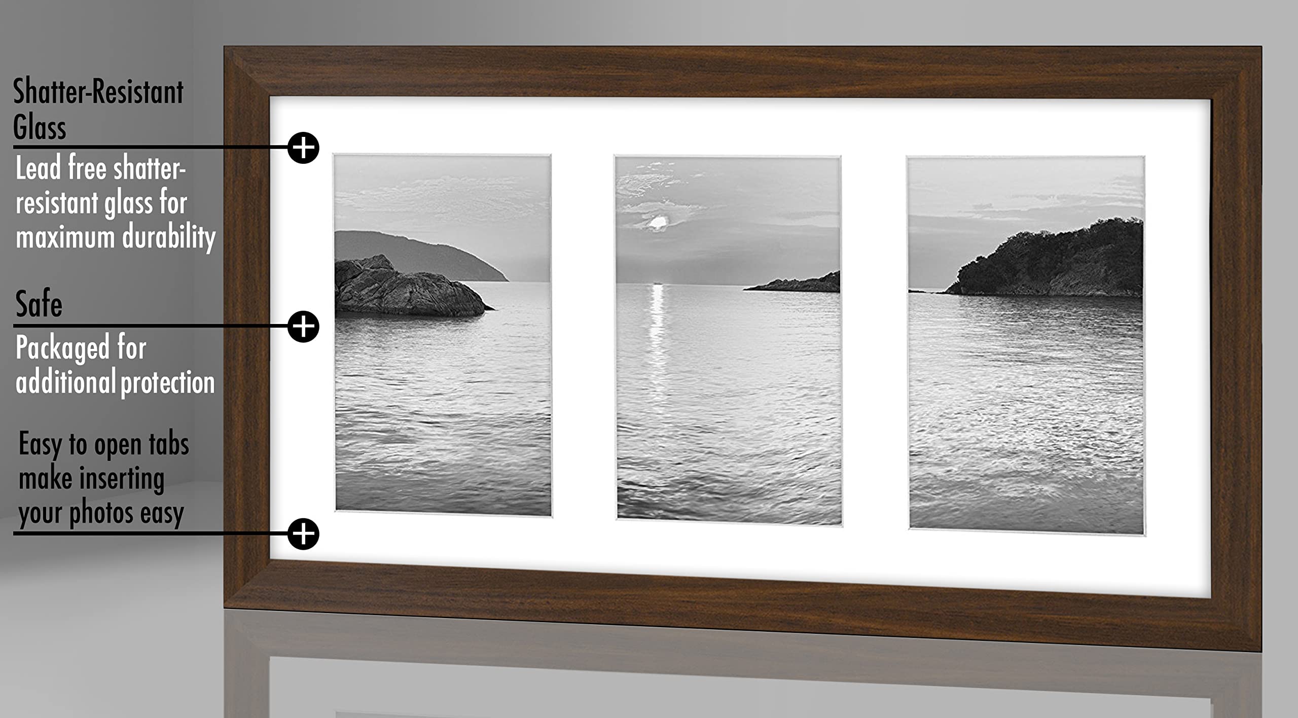 Americanflat 8x14 Collage Picture Frame in Walnut - Displays Three 4x6 Frame Openings - Engineered Wood Panoramic Picture Frame with Shatter Resistant Glass, Hanging Hardware, and Easel