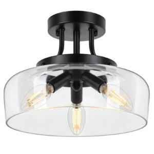 modern industrial semi flush mount ceiling light with clear glass shade, 3-bulb black ceiling light fixture for kitchen bedroom living room porch hallway entryway, e12 socket, bulbs not included