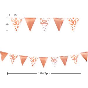 40Ft Rose Gold 30th Happy Birthday Banner Bunting Triangle Flag Pennant Garland for Womens 30th Birthday Decorations Cheers to 30 Years Dirty Thirty 30 & Fabulous Birthday Party Sign Decor