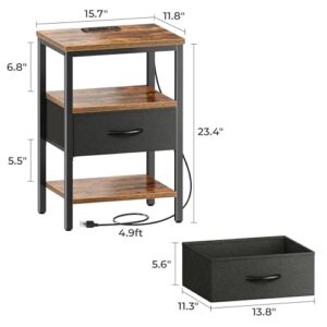 SUPERJARE Nightstand Set of 2, Bed Side Tables with Charging Station, Adjustable Fabric Drawer, Night Stand for Bedroom, 3-Tier Storage End Tables, for Living Room, Rustic Brown and Black