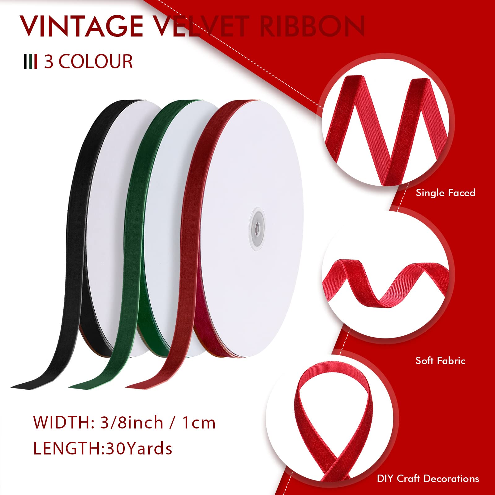 3 Rolls Velvet Ribbon Single Face Velvet Ribbon Vintage Velvet Satin Ribbon Wide Solid Color Wrapping Ribbon for Gift Wrapping Decorating(Wine Red, Dark Green, Black, 3/8 in x 30 Yard)