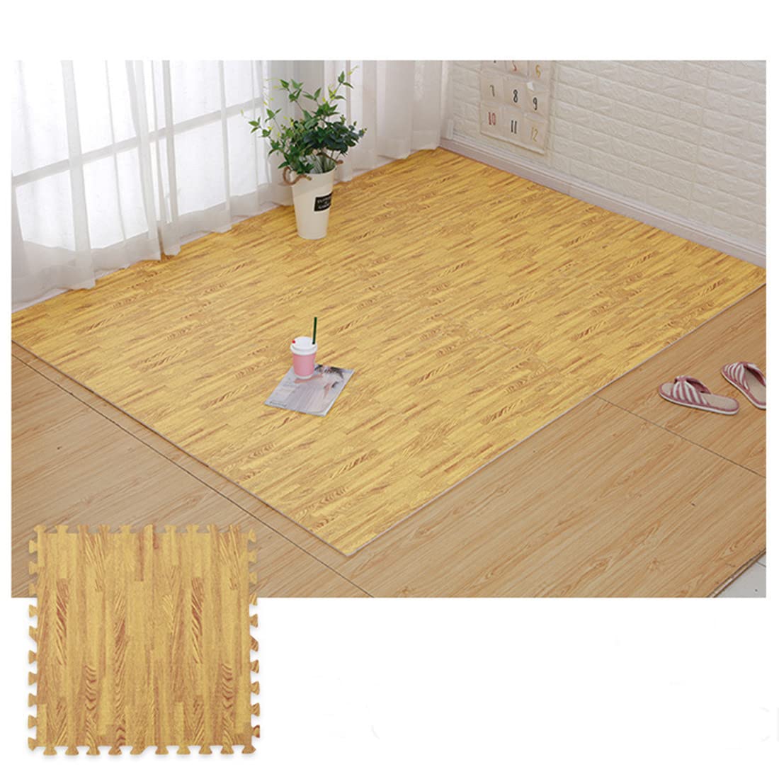 Smabee 16pcs Interlocking Printed Wood Grain EVA Foam Mats Protective Floor Tiles Exercise Play Mat for Kids Room Parlor Bedroom Home 11.8" x 11.8" (Wood Grain Yellow)