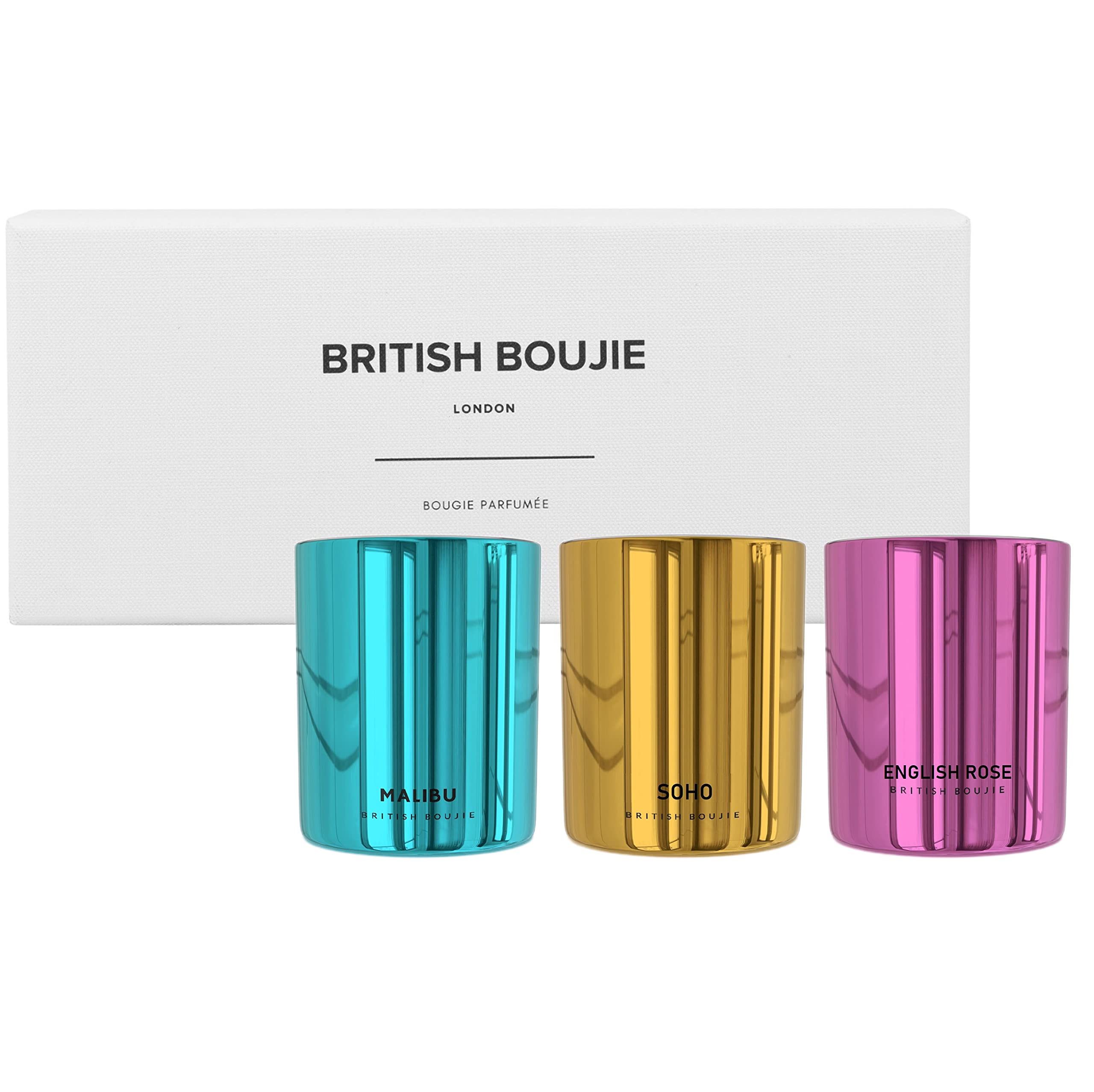 Candle Gift Set - St Tropez Malibu English Rose - Luxury Scented Candles in Box - Luxurious Fragrance with Long Burn time - 3 x 80gm Natural Wax - Scented Candle Gifts for Women & Men