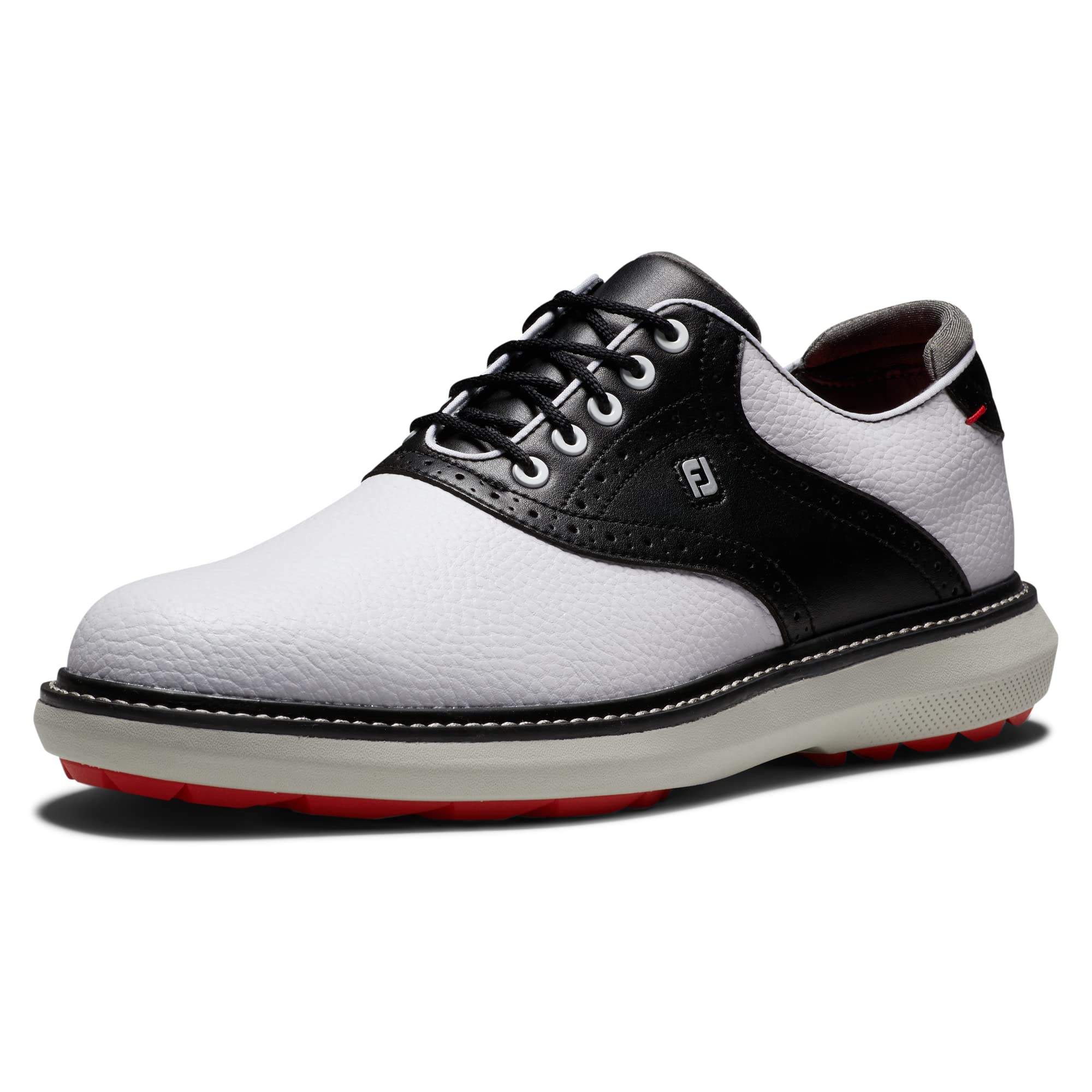 FootJoy Men's Traditions Spikeless Golf Shoe, White/Black, 9.5