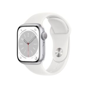 apple watch series 8 [gps 41mm] smart watch w/silver aluminum case with white sport band - s/m. fitness tracker, blood oxygen & ecg apps, always-on retina display, water resistant