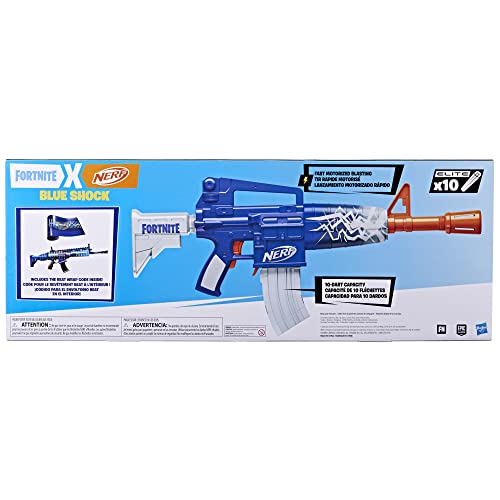 Nerf Fortnite Blue Shock Blaster, 10 Dart Clip, 10 Elite Nerf Darts, includes Bonus Code to Unlock The Beat Wrap in The Game, Motorized Dart Blaster