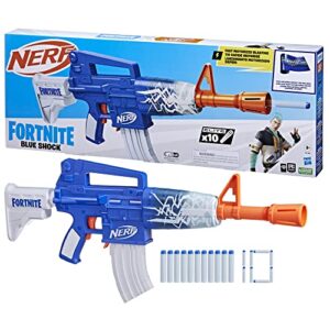 Nerf Fortnite Blue Shock Blaster, 10 Dart Clip, 10 Elite Nerf Darts, includes Bonus Code to Unlock The Beat Wrap in The Game, Motorized Dart Blaster