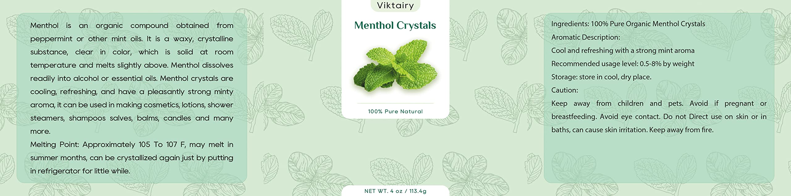 Viktairy Menthol Crystals 4 oz, 100% Pure Organic Mint Crystals | Great for Making Shower Steamers, Creams and Soaps