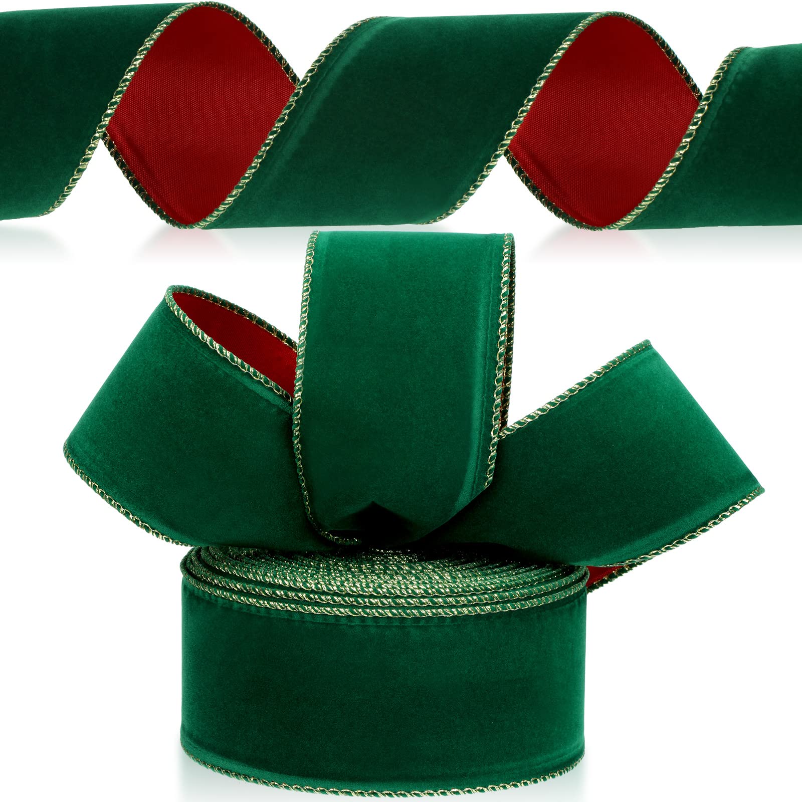 Yungyan Velvet Wired Ribbons with Gold Edge Gift Bow Wrapping Ribbon Waterproof Felt Ribbon for Home Decor, Gift Wrapping, Wreath DIY Crafts, Christmas Tree(Green Red, 2.5 Inch x 35 Yards)