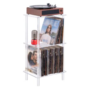 hmyhum acrylic record player stand, turntable stand with vinyl record storage, tall side table/end table for living room, bedroom, 3-tier, modern, 15.7" l x 11.8" w x 30.8" h, clear