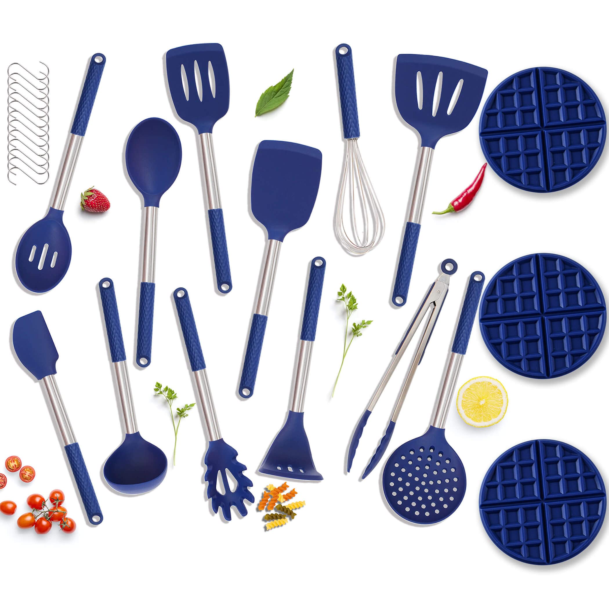 Kaiihome Silicone Kitchen Utensils Set & Kitchen Trivets - 15 Pieces - Blue