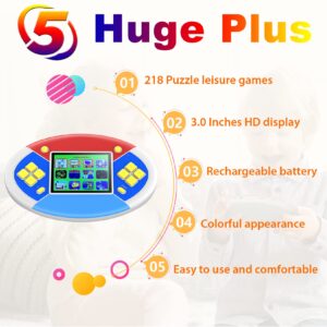 TEBIYOU Handheld Game Console for Kids Build in 218 Puzzle Leisure Video Games Portable Rechargeable Oval Colorful Gamming System with 3.0” LCD Boys Girls Birthday Christmas Party Gift (White)