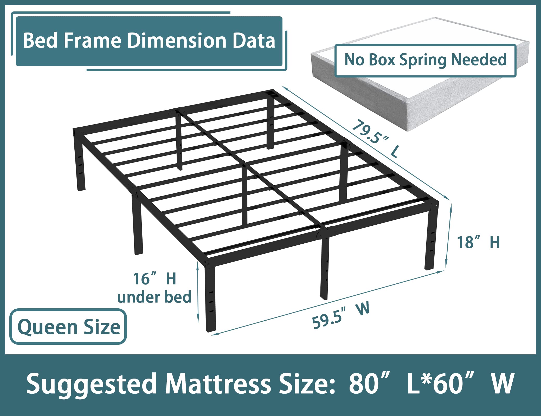 Rooflare Queen Size Bed Frame 18 Inch Tall 9 Legs Max 3500lbs Heavy Duty Sturdy Metal Steel Queen Size Platform No Box Spring Needed Black Easy to Assemble-Black