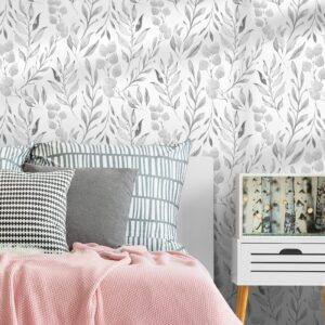 WENMER Gray Leaf Wallpaper Floral Wallpaper Peel and Stick Wallpaper 17.7" x 118" Self Adhesive Watercolor Leaves Peel and Stick Wallpaper Removable Floral Contact Paper for Cabinets Wall Decor