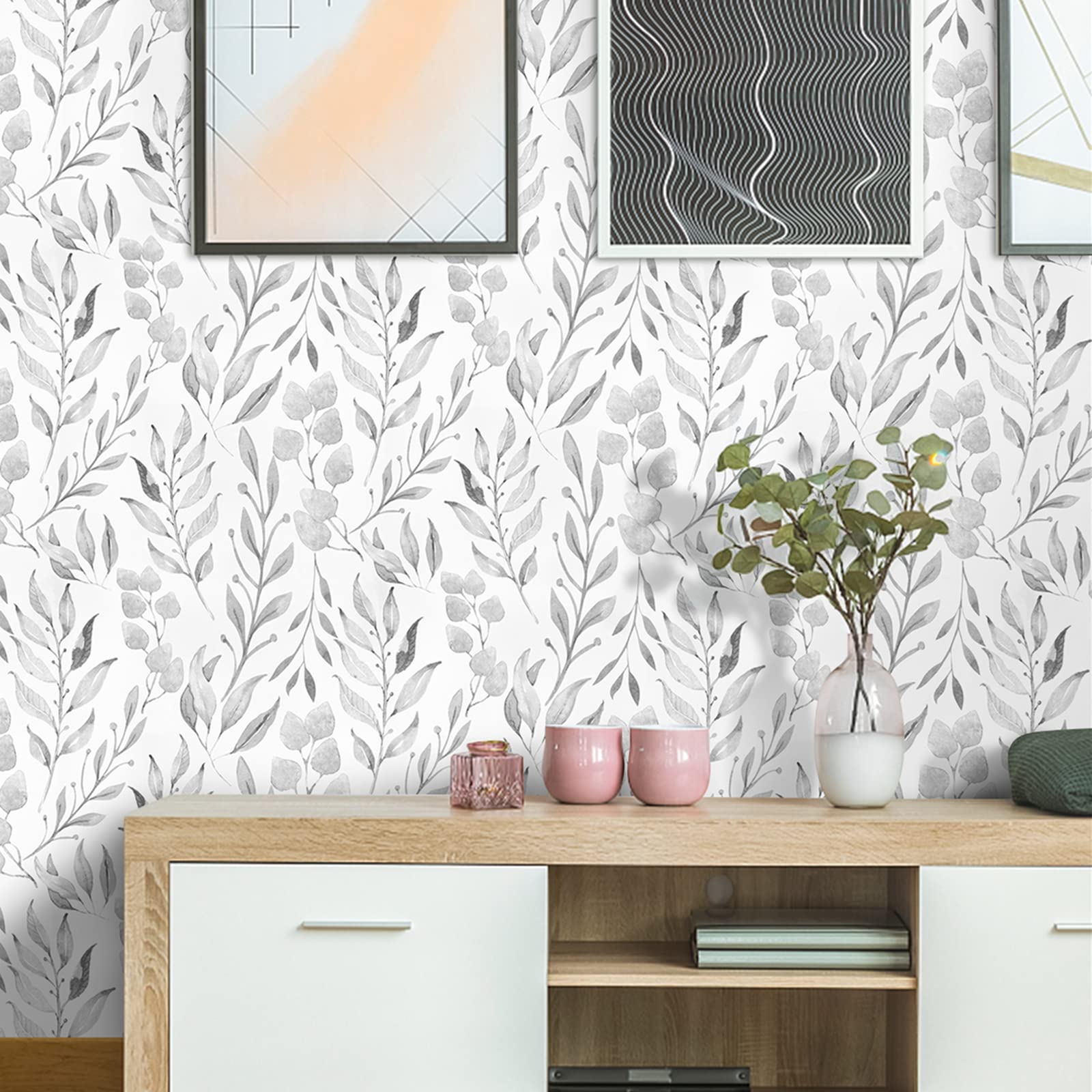 WENMER Gray Leaf Wallpaper Floral Wallpaper Peel and Stick Wallpaper 17.7" x 118" Self Adhesive Watercolor Leaves Peel and Stick Wallpaper Removable Floral Contact Paper for Cabinets Wall Decor