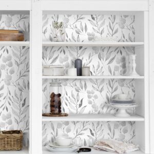 WENMER Gray Leaf Wallpaper Floral Wallpaper Peel and Stick Wallpaper 17.7" x 118" Self Adhesive Watercolor Leaves Peel and Stick Wallpaper Removable Floral Contact Paper for Cabinets Wall Decor