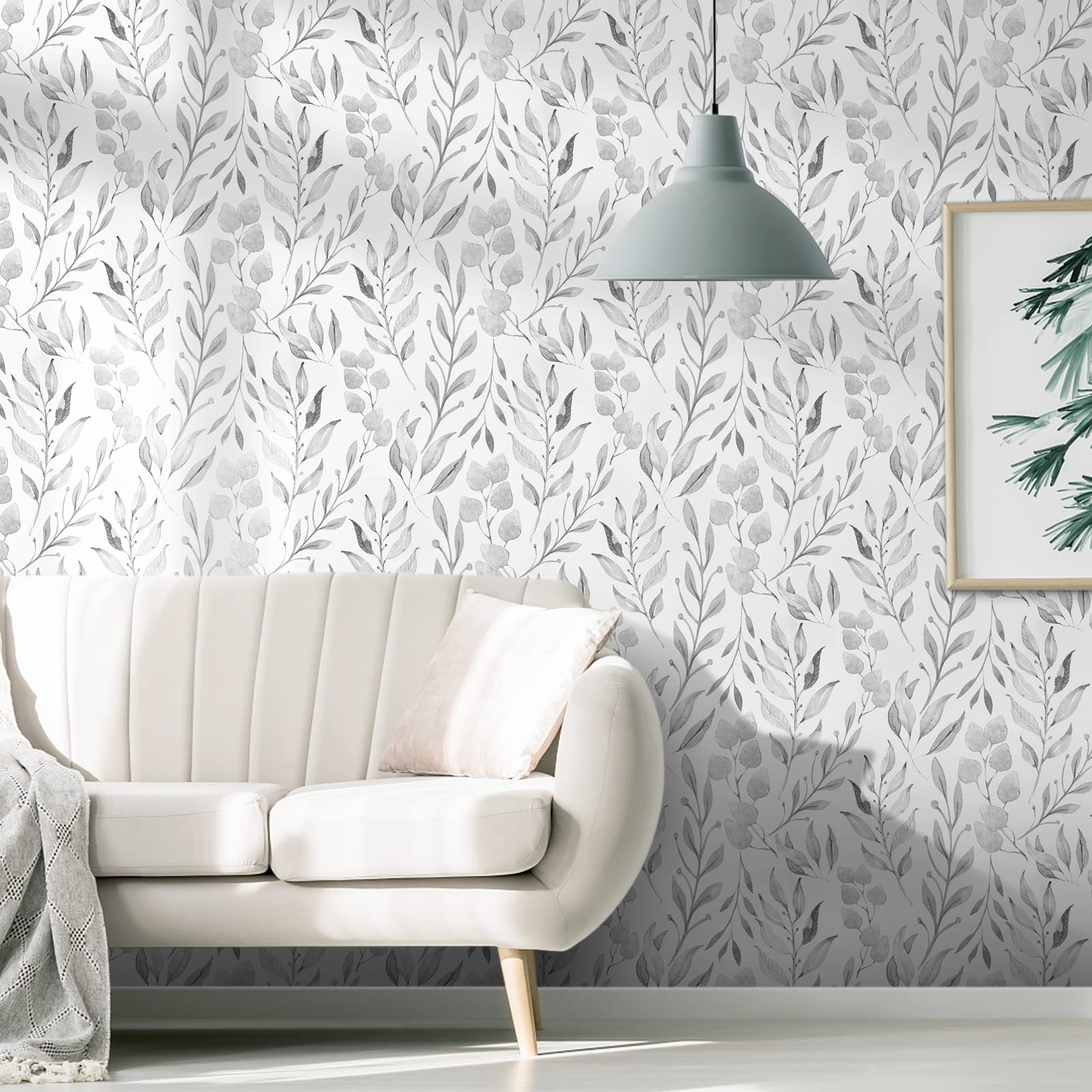 WENMER Gray Leaf Wallpaper Floral Wallpaper Peel and Stick Wallpaper 17.7" x 118" Self Adhesive Watercolor Leaves Peel and Stick Wallpaper Removable Floral Contact Paper for Cabinets Wall Decor