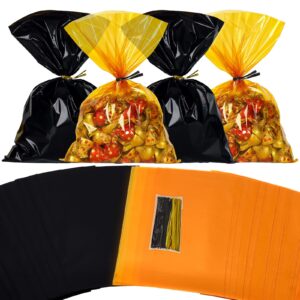 Whaline 120Pcs Mix Halloween Colors Cellophane Bags with Twist Ties Orange Black Cello Bags Halloween Plastic Goodie Treat Bags Halloween Candy Snack Bags for Halloween Party Favor Supplies, 6 x 9