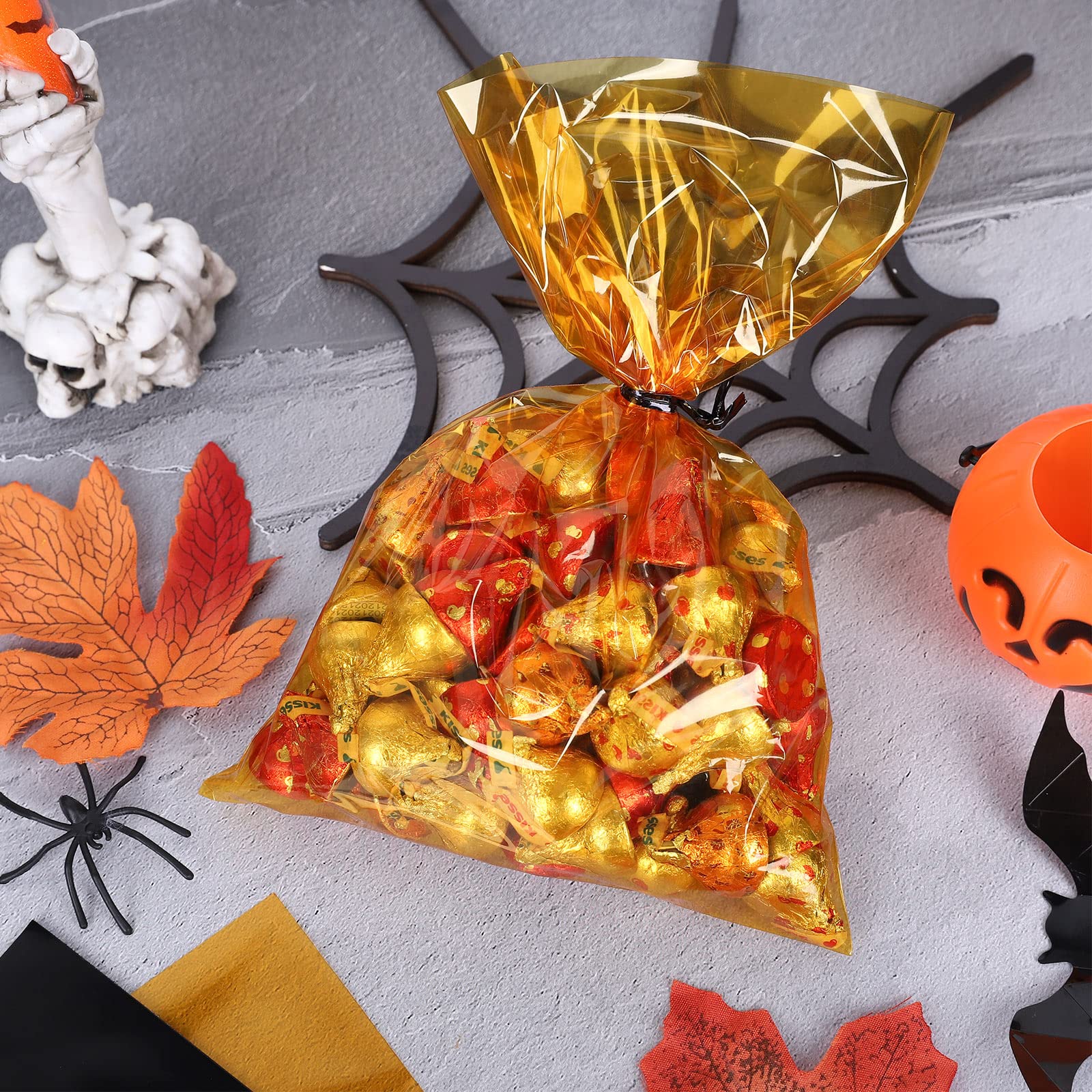 Whaline 120Pcs Mix Halloween Colors Cellophane Bags with Twist Ties Orange Black Cello Bags Halloween Plastic Goodie Treat Bags Halloween Candy Snack Bags for Halloween Party Favor Supplies, 6 x 9