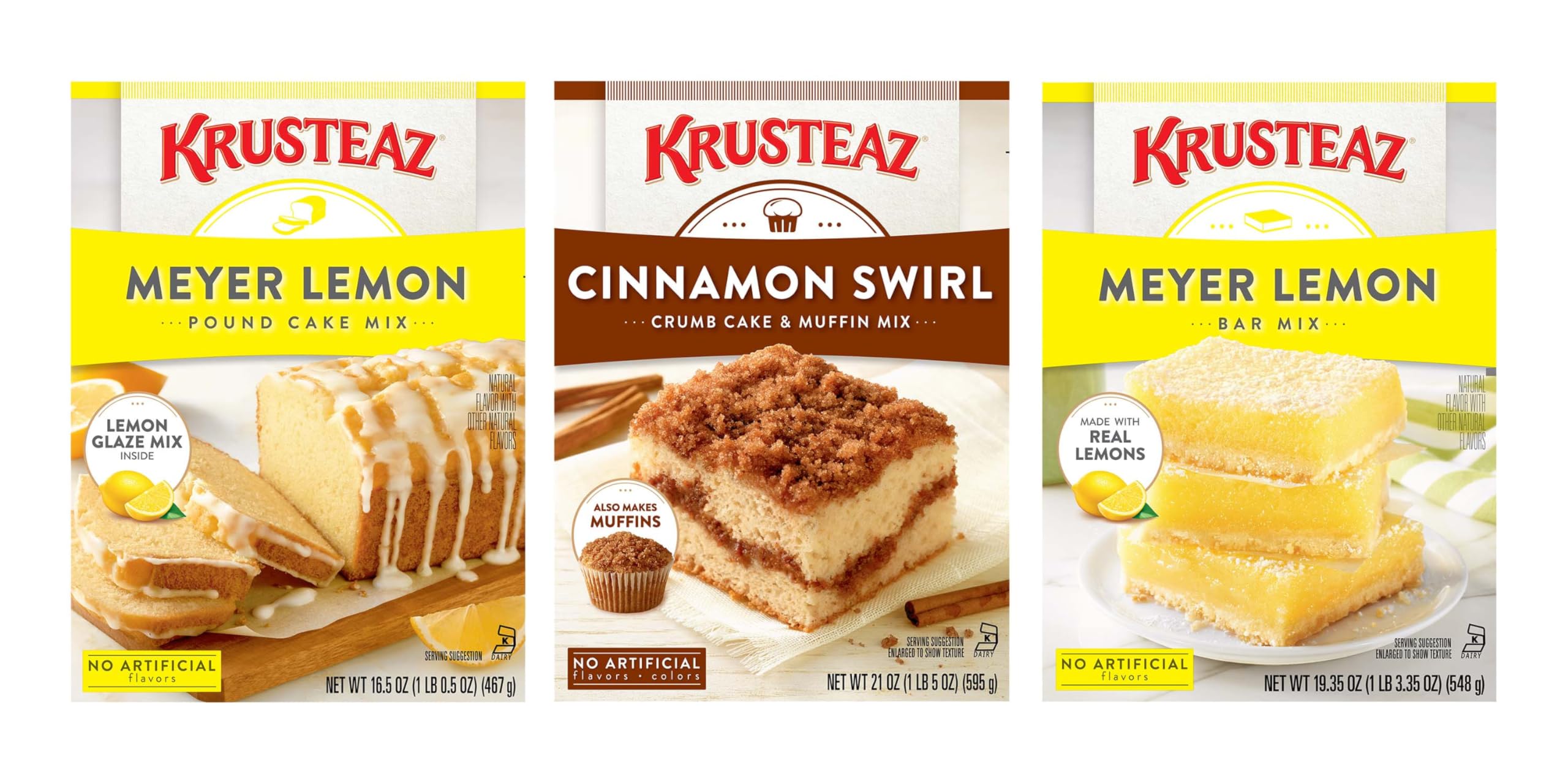 Krusteaz Baking Mix Variety Pack, 1 Meyer Lemon Pound Cake Mix (16.5 oz), 1 Cinnamon Swirl Crumb Cake & Muffin Mix (21 oz), 1 Meyer Lemon Bar Mix (19.35 oz), (3 CT)