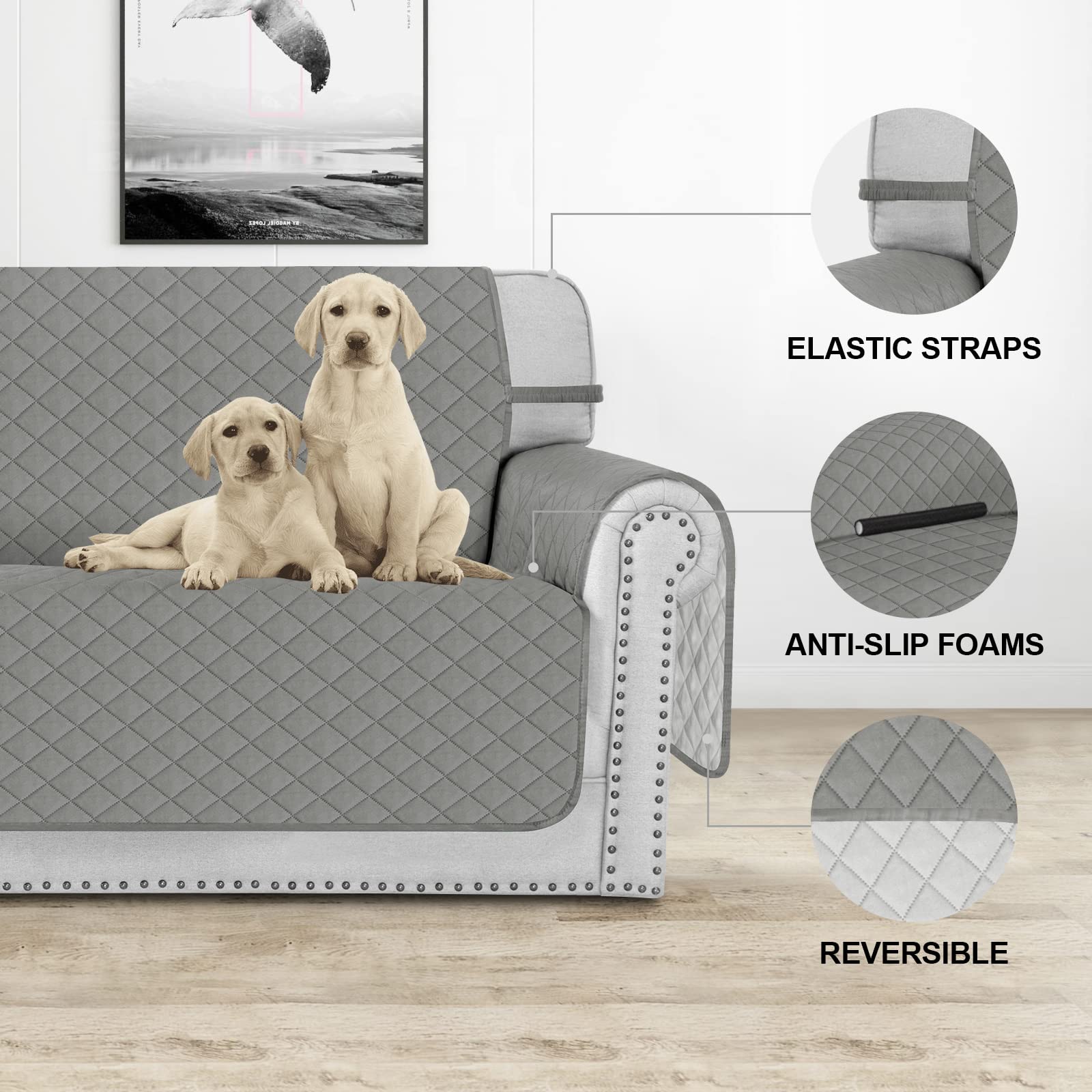 Deeky Sofa Covers for 3 Cushion Couch, Dog Couch Protector, Furniture Covers for Pets, Reversible and Water Resistant Cover with Foam Sticks & Elastic Straps, Sofa, Gray/Light Gray