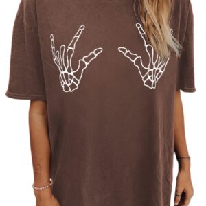 Avanova Women Skull Print Graphic Oversized Tees Vintage Skeleton Hands Loose Fit T Shirt Brown Small