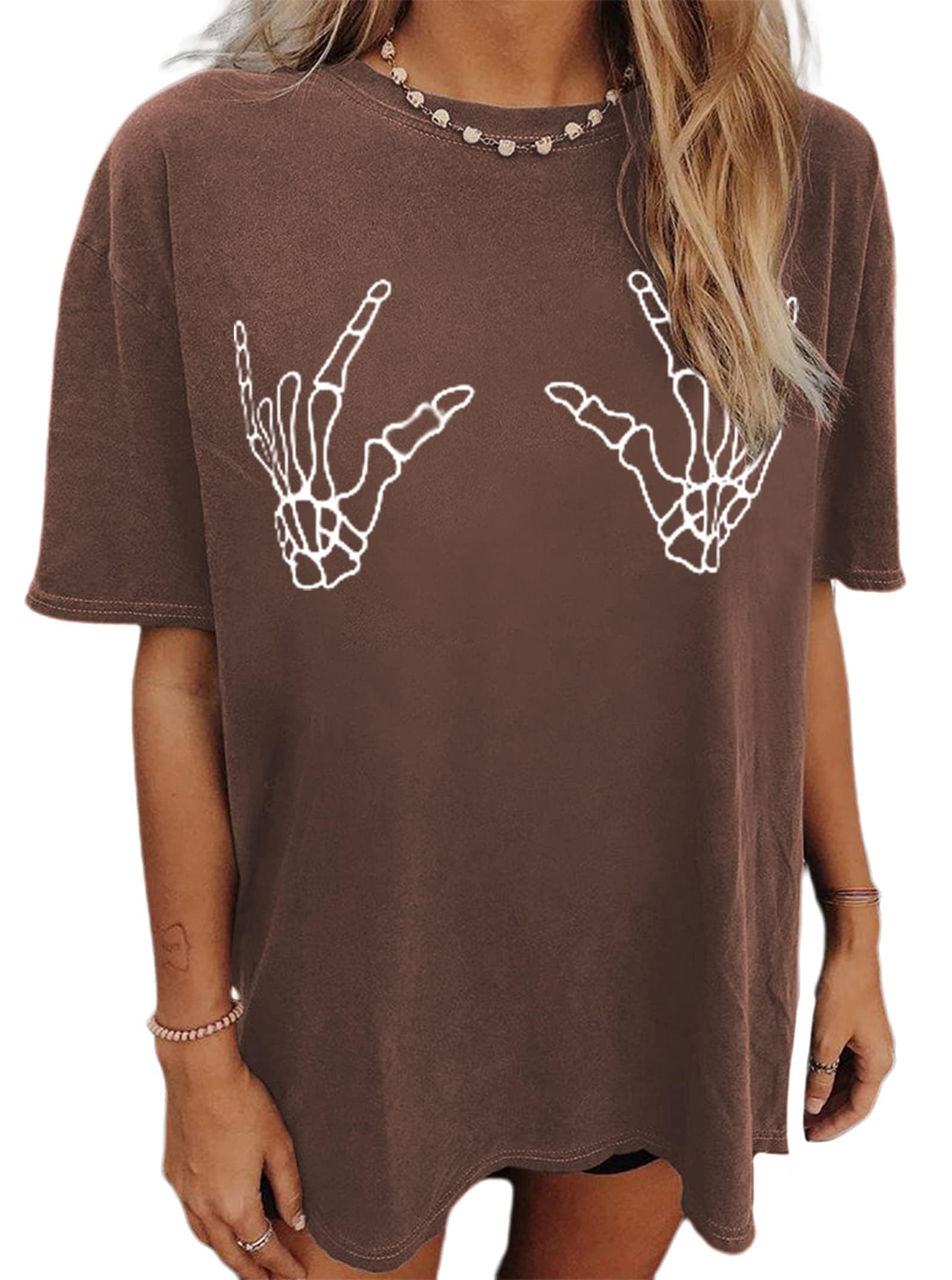 Avanova Women Skull Print Graphic Oversized Tees Vintage Skeleton Hands Loose Fit T Shirt Brown Small