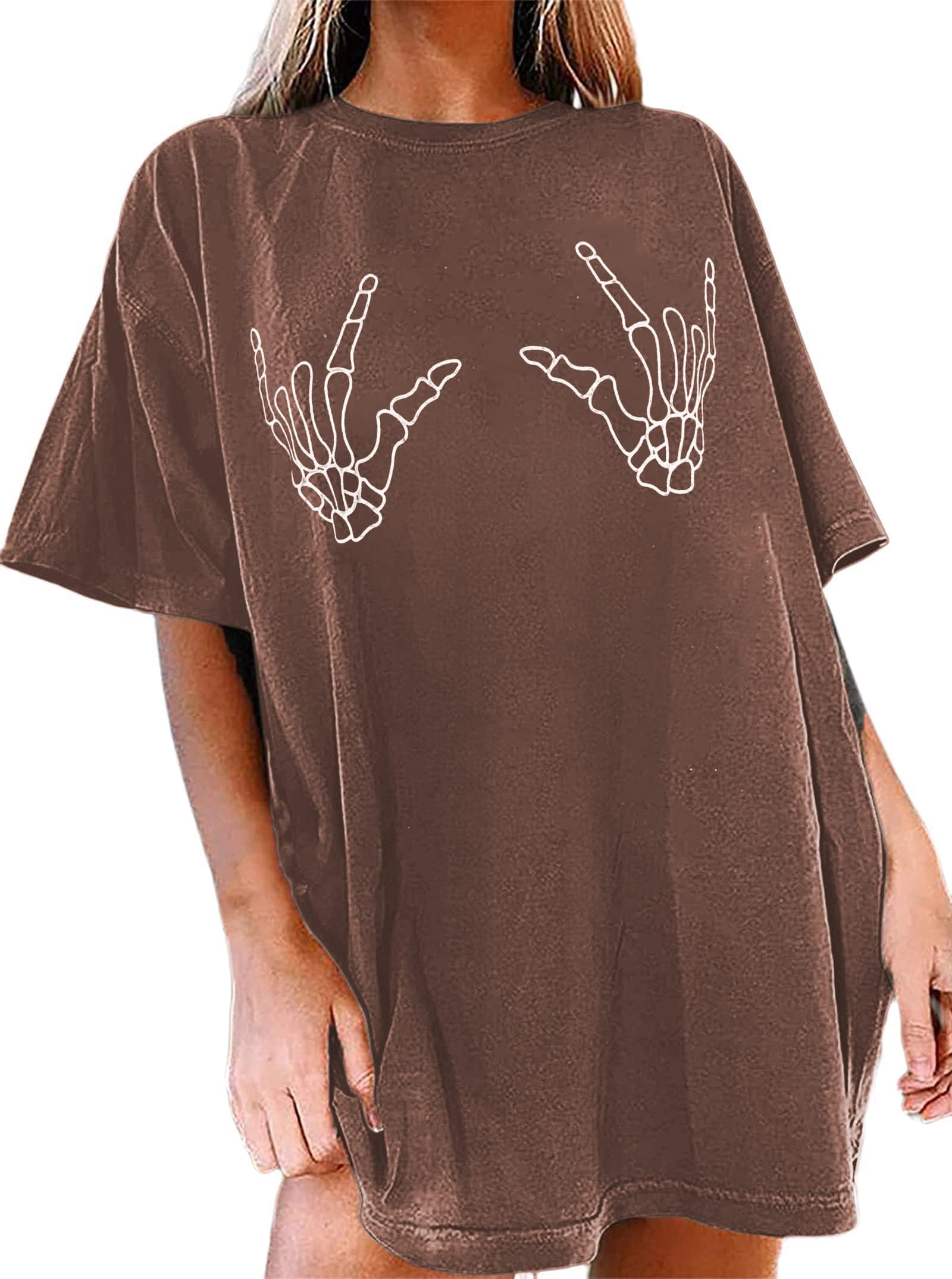 Avanova Women Skull Print Graphic Oversized Tees Vintage Skeleton Hands Loose Fit T Shirt Brown Small