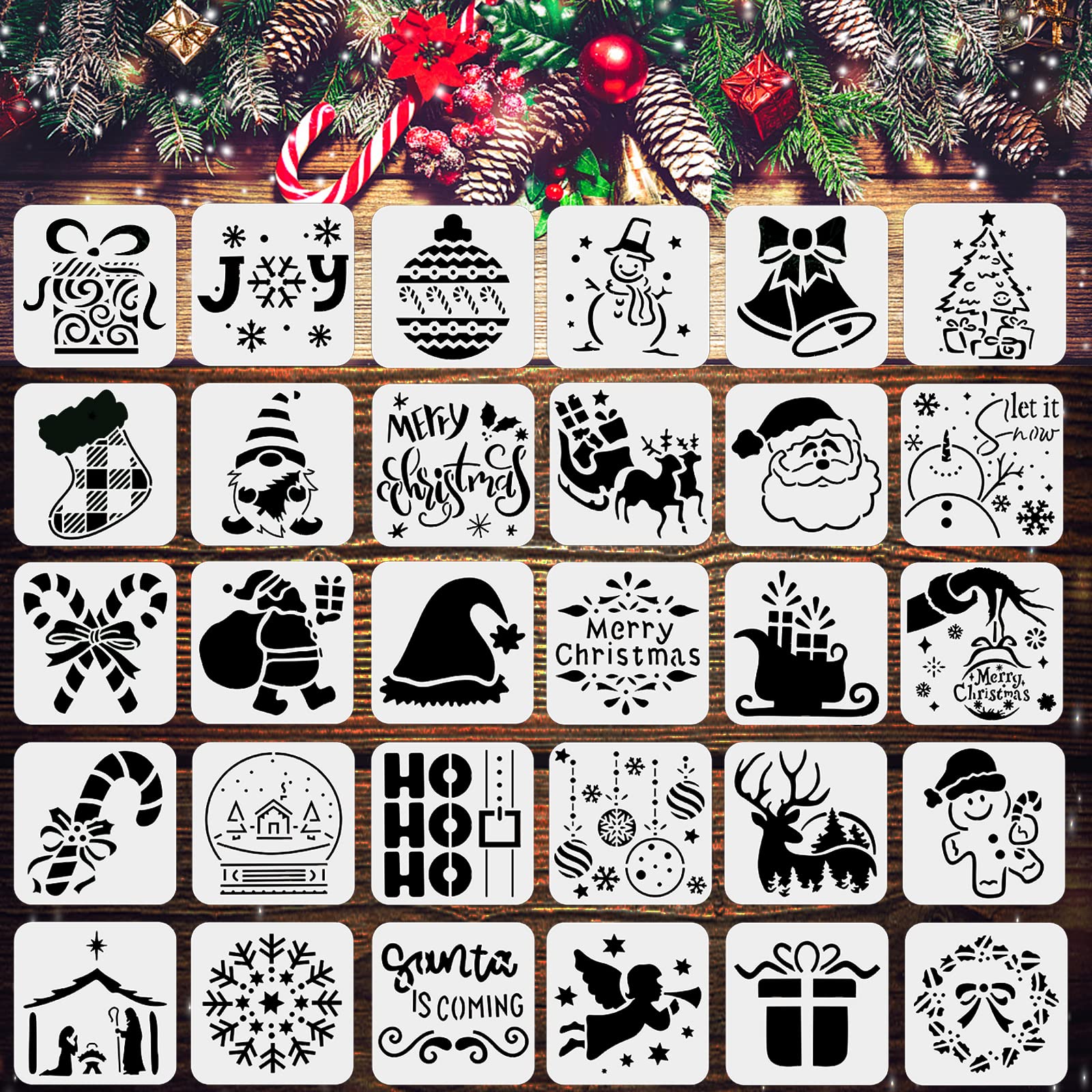 MAGIDOVE 30PCS Christmas Stencils 3x3 Inch Small Stencils for Painting on Wood Reusable Stencils for Craft Small Ornaments Merry Stencil (Christmas)