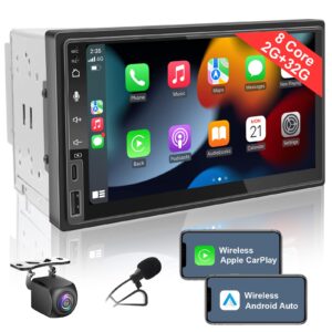7 inch android double din car stereo wireless carplay & wireless android auto,2+32g touchscreen car radio receiver with dual bluetooth,live rearview camera,am/fm/rds, type c fast charge,dsp/subw