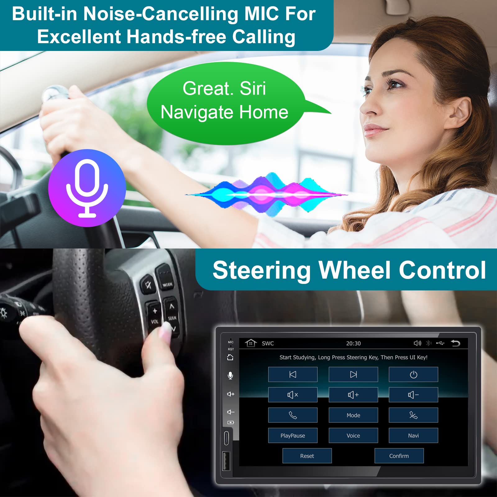 7 Inch Android Double Din Car Stereo Wireless CarPlay & Wireless Android Auto,2+32G Touchscreen Car Radio Receiver with Dual Bluetooth,Live Rearview Camera,AM/FM/RDS, Type C Fast Charge,DSP/Subw