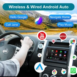 7 Inch Android Double Din Car Stereo Wireless CarPlay & Wireless Android Auto,2+32G Touchscreen Car Radio Receiver with Dual Bluetooth,Live Rearview Camera,AM/FM/RDS, Type C Fast Charge,DSP/Subw