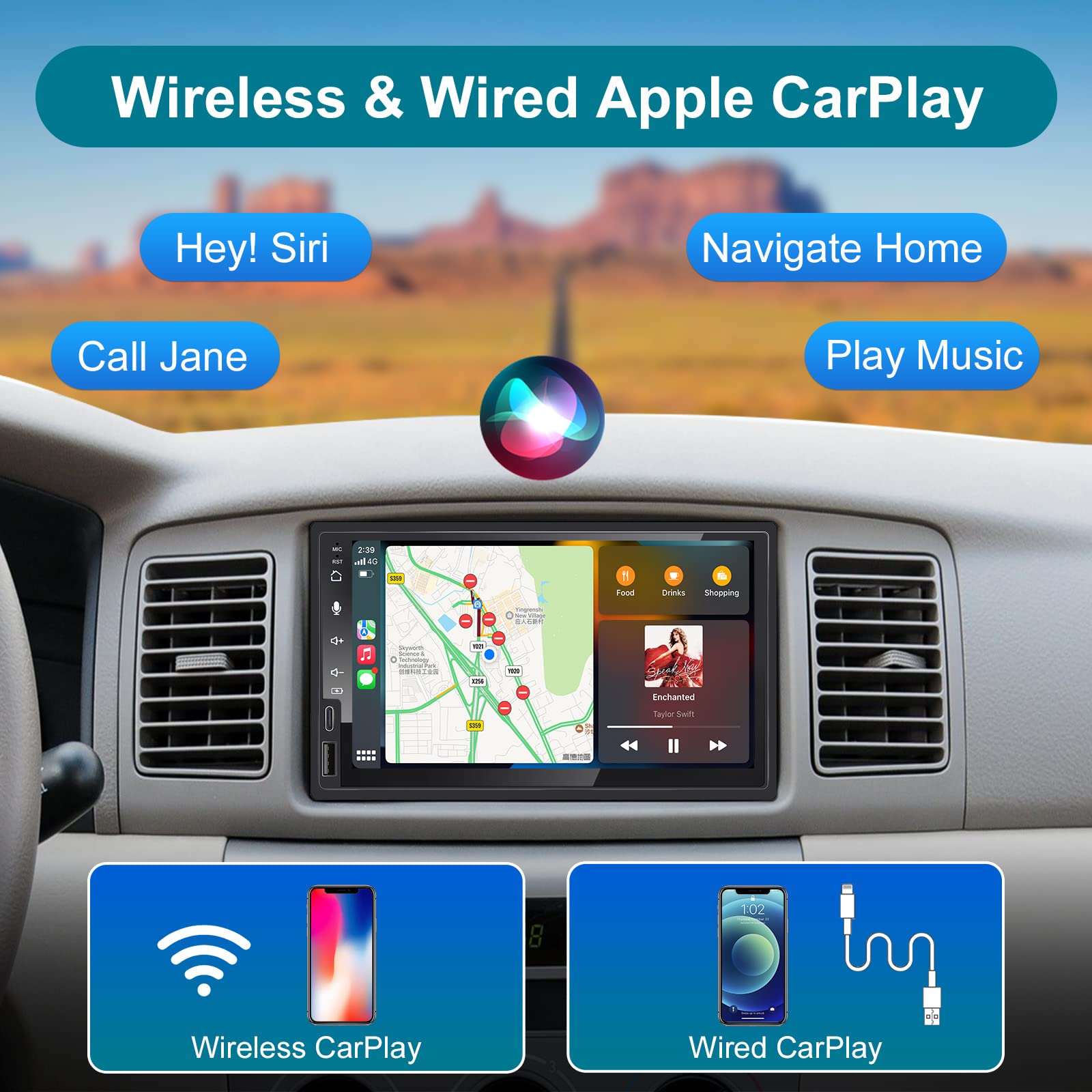 7 Inch Android Double Din Car Stereo Wireless CarPlay & Wireless Android Auto,2+32G Touchscreen Car Radio Receiver with Dual Bluetooth,Live Rearview Camera,AM/FM/RDS, Type C Fast Charge,DSP/Subw