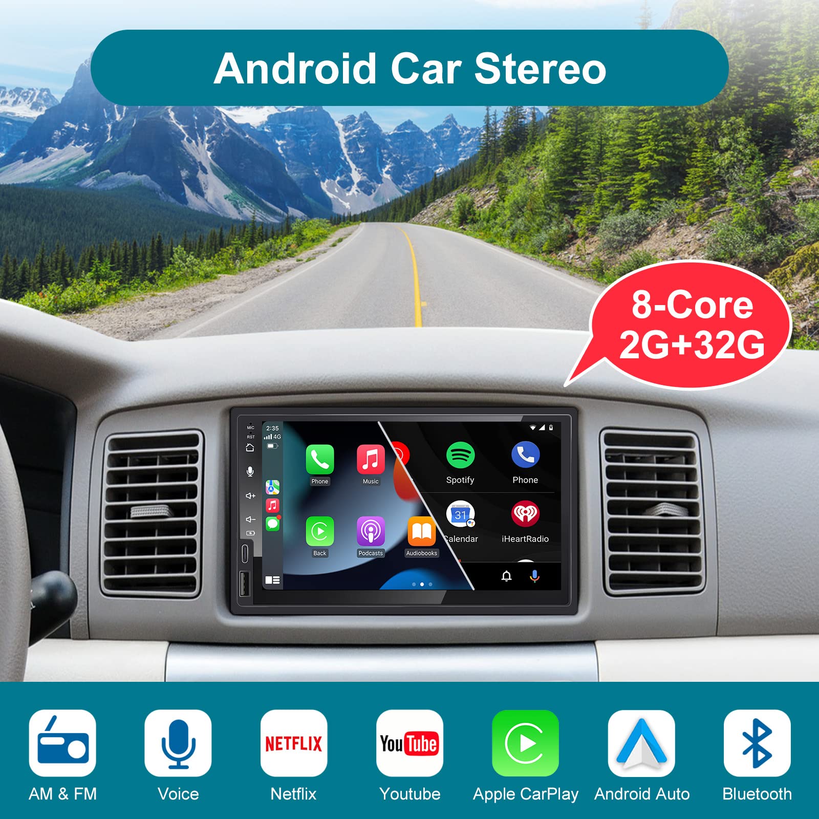 7 Inch Android Double Din Car Stereo Wireless CarPlay & Wireless Android Auto,2+32G Touchscreen Car Radio Receiver with Dual Bluetooth,Live Rearview Camera,AM/FM/RDS, Type C Fast Charge,DSP/Subw