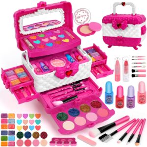 aureyung kids makeup kit for girl, toys for girls ages 3 4 5 6 7 8 9 10, 54pcs washable real makeup set, kids make up, play makeup little girls makeup kit for toddler, ideal christmas birthday gifts