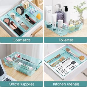 WOWBOX 25 PCS Plastic Drawer Organizer Set, 4 Sizes Desk Drawer Divider Organizers and Storage Bins for Makeup, Jewelry, Gadgets for Kitchen, Bedroom, Bathroom, Office, Sea Blue