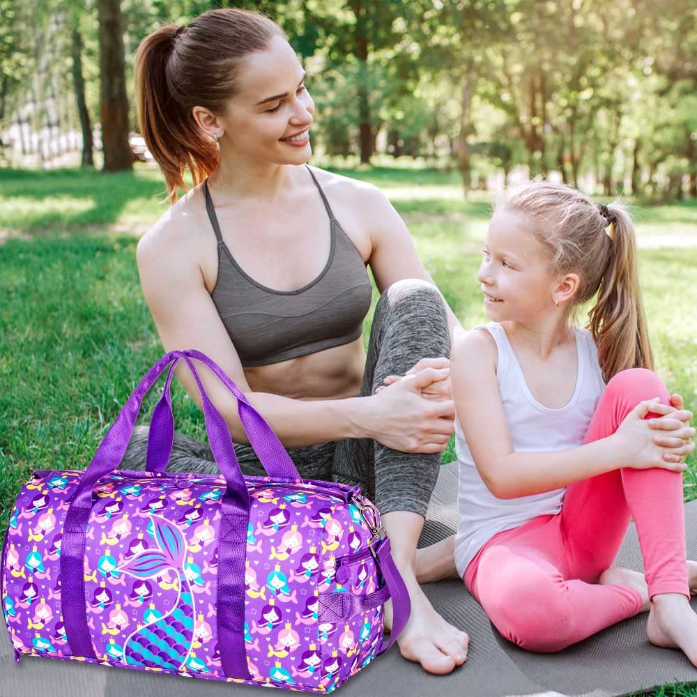 Dance Ballet Bags for Girls, Kids Duffle Gym Bag Travel with Shoe Compartments Sports Ballet Bag Teens Weekender Sleepover Carry On Bag Purple Mermaid