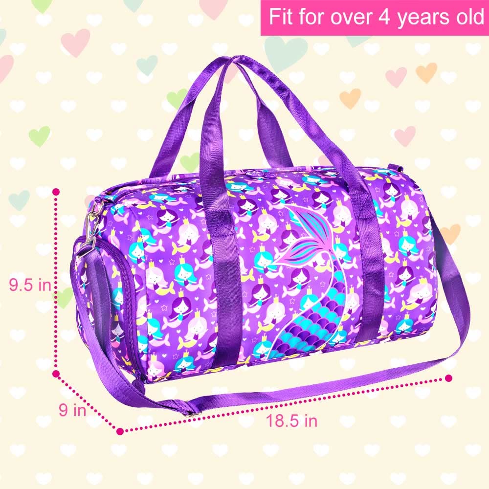 Dance Ballet Bags for Girls, Kids Duffle Gym Bag Travel with Shoe Compartments Sports Ballet Bag Teens Weekender Sleepover Carry On Bag Purple Mermaid