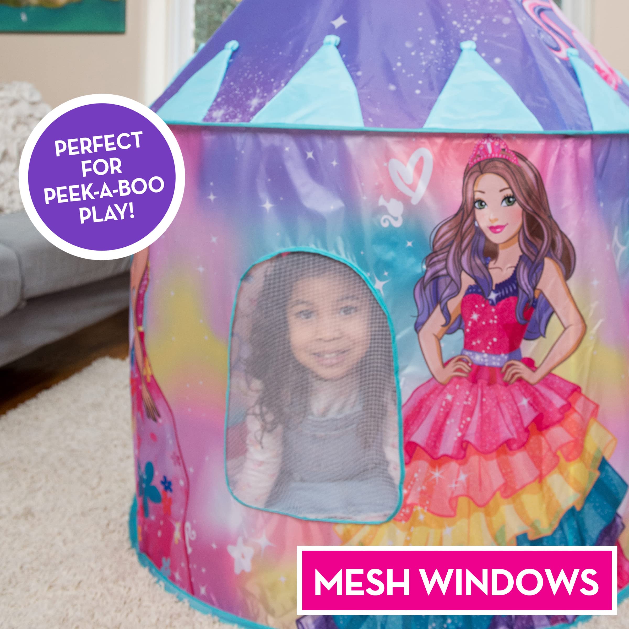 Barbie Pop Up Castle - Dreamtopia Pink Princess Play Tent for Kids | Folds Into Carrying Case - Sunny Days Entertainment