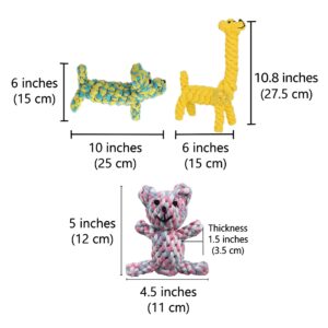 SunGrow Cotton Rope Knot Puppy & Ferret Toys, Tough Teething Chewable Teddy Bear, Giraffe, and Dog, Handwoven for Small Breeds Dog, for Teeth and Gums, Multicolor, 3 Pieces per Pack