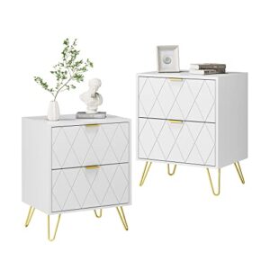 Anbuy White Nightstand Set of 2, End Side Table Double, Bedside Table with 2 Drawers, Dual Night Stand Metal Legs for Bedroom Living Room