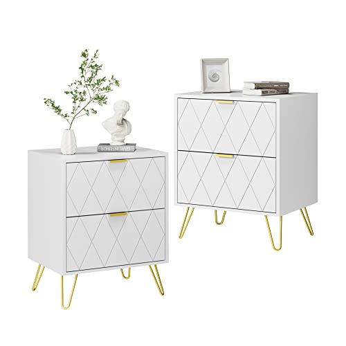 Anbuy White Nightstand Set of 2, End Side Table Double, Bedside Table with 2 Drawers, Dual Night Stand Metal Legs for Bedroom Living Room