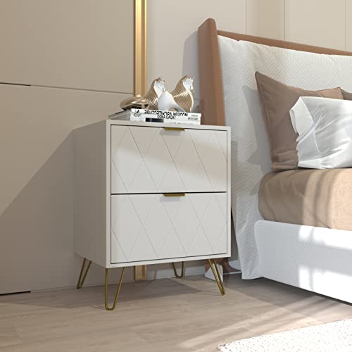 Anbuy White Nightstand Set of 2, End Side Table Double, Bedside Table with 2 Drawers, Dual Night Stand Metal Legs for Bedroom Living Room