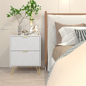 Anbuy White Nightstand Set of 2, End Side Table Double, Bedside Table with 2 Drawers, Dual Night Stand Metal Legs for Bedroom Living Room