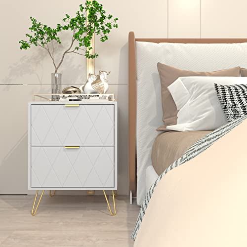 Anbuy White Nightstand Set of 2, End Side Table Double, Bedside Table with 2 Drawers, Dual Night Stand Metal Legs for Bedroom Living Room