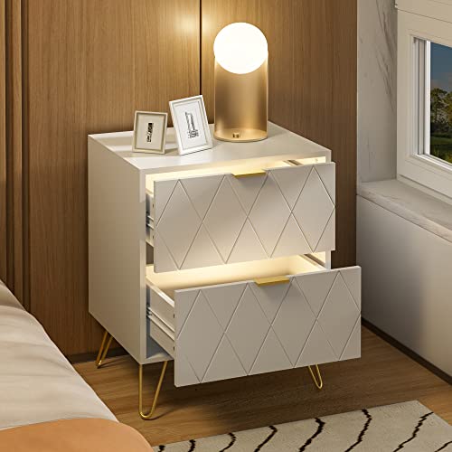 Anbuy White Nightstand Set of 2, End Side Table Double, Bedside Table with 2 Drawers, Dual Night Stand Metal Legs for Bedroom Living Room