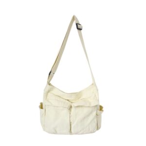 canvas messenger bag large crossbody bag with multiple pockets canvas shoulder tote bag for women and men (white)